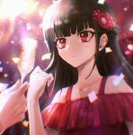  1girl 1other bangs bare_shoulders blunt_bangs blush collarbone commentary_request cup danganronpa_(series) danganronpa_10th_anniversary_costume danganronpa_v3:_killing_harmony dress flower frown hair_flower hair_ornament hand_up harukawa_maki highres holding holding_cup long_hair mole mole_under_eye red_dress red_eyes red_flower solo_focus visket53 