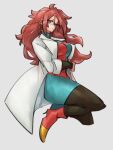  1girl android_21 blue_eyes boots breasts checkered checkered_dress closed_mouth dragon_ball dragon_ball_fighterz dress earrings full_body glasses grey_background hoop_earrings jewelry kemachiku labcoat long_hair looking_at_viewer medium_breasts red_footwear red_hair simple_background solo 