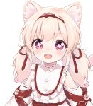 1girl amai_hiyo amai_hiyo_channel animal_ears blush cat_ears cat_tail commentary_request hair_between_eyes hair_ornament highres indie_virtual_youtuber konnyaku_(kohoshien) long_hair looking_at_viewer low_twintails messy_hair open_mouth platinum_blonde_hair portrait purple_eyes simple_background solo tail twintails virtual_youtuber white_background 