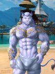  2020 abs anthro baiyushou beach biceps blue_body blue_fur blue_hair bulge chest_fur clothed clothing detailed_background felid final_fantasy final_fantasy_xiv front_view fur hair hi_res hrothgar looking_at_viewer male mammal muscular muscular_anthro muscular_male nipples open_mouth orange_eyes orange_stripes pecs pinup portrait pose quads sand seaside smile solo square_enix stripes swimwear teeth three-quarter_portrait triceps video_games water 