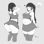  ^^^ bangs black_hair blunt_bangs blush character_request dated grey_background greyscale highres long_hair looking_at_viewer monochrome motion_lines multiple_views navel nsio pleated_skirt signature skirt skirt_pull sweat tareme taut_clothes thighhighs twintails 