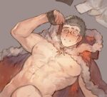  1boy abs alternate_costume autofacial bara bare_pecs black_hair blush brown_hair chataro1412 christmas coat cum cum_on_self facial fur-trimmed_coat fur_trim glasses hooded_coat implied_masturbation male_focus muscular muscular_male naked_coat navel nipples pectorals rimless_eyewear santa_costume shiro_(tokyo_houkago_summoners) short_hair solo star_(symbol) stomach thick_eyebrows tokyo_houkago_summoners 