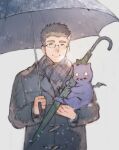  1boy alternate_costume black_coat black_hair breath brown_hair carrying chataro1412 coat creature glasses holding holding_umbrella male_focus rimless_eyewear scarf shiro_(tokyo_houkago_summoners) short_hair snowing solo thick_eyebrows tokyo_houkago_summoners umbrella upper_body winter_clothes 