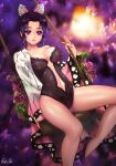  1girl black_hair black_leotard blurry blurry_background breasts bug butterfly butterfly_hair_ornament cleavage esther gradient_hair hair_intakes hair_ornament haori high_heels insect japanese_clothes kimetsu_no_yaiba kochou_shinobu leotard looking_at_viewer medium_breasts midriff multicolored_hair navel parted_lips pumps purple_background purple_eyes purple_footwear purple_hair revealing_clothes shiny shiny_hair short_hair signature sitting solo stomach strapless strapless_leotard 
