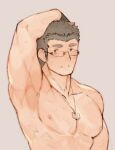  1boy abs alternate_costume arm_up armpits bara black_hair brown_hair chataro1412 completely_nude glasses jewelry looking_at_viewer male_focus muscular muscular_male necklace nipples nude pectorals rimless_eyewear shiro_(tokyo_houkago_summoners) short_hair solo sweat thick_eyebrows tokyo_houkago_summoners upper_body 