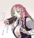  1girl bangs blunt_bangs blush braid breasts center_opening cleavage collared_shirt eating ehoumaki food food_in_mouth gradient_hair green_eyes green_hair kanroji_mitsuri kimetsu_no_yaiba large_breasts long_sleeves makizushi multicolored_hair nishii_(nitroplus) open_clothes open_mouth pink_hair sexually_suggestive shirt solo speech_bubble spill spilling sushi text_focus twin_braids two-tone_hair unbuttoned unbuttoned_shirt uniform upper_body vest 