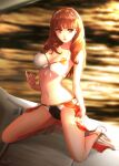  1girl bangs bikini black_bikini blunt_bangs breasts brown_hair celica_(fire_emblem) cleavage collarbone covered_nipples esther eyebrows_visible_through_hair fire_emblem fire_emblem_echoes:_shadows_of_valentia front-tie_bikini front-tie_top hairband kneeling large_breasts long_hair looking_at_viewer mismatched_bikini nail_polish navel parted_lips red_eyes red_nails shiny shiny_hair solo sunlight swimsuit white_hairband 