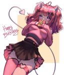  1girl black_skirt breasts bright_pupils bsapricot demon_tail english_commentary gift hair_ornament happy_birthday heart heart_hair_ornament heart_ring highres holding holding_gift horns ironmouse looking_down medium_breasts multicolored_hair pink_hair pink_nails pink_sweater purple_eyes purple_hair single_thighhigh skirt solo streaked_hair sweater tail thigh_strap thighhighs two_side_up virtual_youtuber vshojo white_background white_pupils zettai_ryouiki 