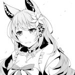  1girl animal_ears artist_name bangs blush bow breasts cleavage commission english_commentary euphemia_chevalier eyebrows_visible_through_hair flower fox_ears fox_girl greyscale hair_flower hair_ornament indie_virtual_youtuber jacket long_hair looking_at_viewer masabodo medium_breasts monochrome parted_lips solo virtual_youtuber white_background 
