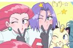  1boy 1girl commentary_request earrings eyelashes gen_1_pokemon gi_xxy gloves green_eyes james_(pokemon) jessie_(pokemon) jewelry lipstick long_hair makeup meowth o3o one_eye_closed pokemon pokemon_(anime) pokemon_(creature) purple_eyes purple_hair red_lips star_(symbol) team_rocket team_rocket_uniform v 