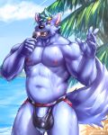  2021 abs amber_eyes anthro baiyushou beach biceps blue_body blue_fur blue_hair bodily_fluids bulge canid canine canis claws clothed clothing dripping fangs finger_claws front_view fur genital_fluids genital_outline genitals hair hi_res jockstrap looking_at_viewer male mammal microphone musclegut muscular muscular_anthro muscular_male nipples one_eye_closed open_mouth outside palm_tree pecs penis penis_outline plant portrait precum precum_drip precum_through_clothing precum_through_underwear quads sand sea seaside sharp_teeth skimpy sky solo standing teeth three-quarter_portrait tongue tree triceps underwear underwear_only vein veiny_penis wardrobe_malfunction water wet wet_body wet_clothing wet_fur wink winking_at_viewer wolf 