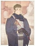  1boy alternate_costume archery arrow_(projectile) black_gloves black_hair blue_scarf blurry blurry_background brown_hair chataro1412 cowboy_shot glasses gloves haori japanese_clothes kimono looking_at_viewer male_focus rimless_eyewear scarf shiro_(tokyo_houkago_summoners) short_hair shrine smile solo thick_eyebrows tokyo_houkago_summoners white_kimono 