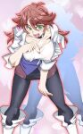  1girl bent_over boots breasts cleavage_cutout clothing_cutout collarbone eyebrows_visible_through_hair fang green_eyes hair_between_eyes holding holding_clothes holding_shirt jacket large_breasts leggings long_hair onnaski open_mouth red_hair sakurai_sagiri shirt solo super_robot_wars super_robot_wars_t white_footwear white_jacket 