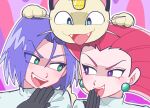  1boy 1girl bangs commentary_request earrings evil_smile eyelashes gen_1_pokemon gi_xxy gloves green_eyes hair_between_eyes hand_up highres james_(pokemon) jessie_(pokemon) jewelry long_hair meowth open_mouth outline pokemon pokemon_(anime) pokemon_(creature) purple_eyes purple_hair smile team_rocket team_rocket_uniform teeth tongue turtleneck 