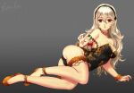  1girl bangs black_hairband black_leotard breasts cameltoe cherry cleavage collarbone corrin_(fire_emblem) corrin_(fire_emblem)_(female) esther eyebrows_visible_through_hair fire_emblem fire_emblem_fates food fruit gradient gradient_background grey_background hair_between_eyes hairband high_heels holding jewelry leotard long_hair looking_at_viewer lying medium_breasts necklace on_side orange_footwear orange_scrunchie parted_lips print_leotard pumps red_eyes scrunchie shiny shiny_hair signature silver_hair simple_background solo strapless strapless_leotard very_long_hair wrist_scrunchie 