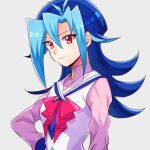  1girl bangs blue_hair closed_mouth eyebrows_visible_through_hair grey_background hair_between_eyes hair_intakes kamishiro_rio long_hair long_sleeves mikami_(mkm0v0) multicolored_hair pink_shirt red_eyes red_neckwear shiny shiny_hair shirt smile solo spiked_hair turtleneck two-tone_hair upper_body vest white_vest yu-gi-oh! yu-gi-oh!_zexal 
