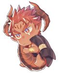  1boy animal_ears blue_eyes chibi dark_skin dark_skinned_male dragon_boy dragon_horns dragon_tail full_body gakuran highres horns ifrit_(tokyo_houkago_summoners) jacket jacket_on_shoulders kihane_atsusane male_focus multicolored multicolored_eyes orange_eyes orange_hair pointy_ears school_uniform short_hair solo spiked_hair tail tail_grab tearing_up tokyo_houkago_summoners 