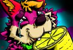  alister_(art) anthro blonde_hair bodily_fluids canid canine collar cross-eyed crying dark_nose eyebrows facial_tuft food fox fruit fur green_collar hair happy hi_res inner_ear_fluff lemon male mammal open_mouth pink_body pink_fur plant raised_eyebrow red_ears signature simple_background solo tears tears_of_joy tongue tuft whisker_spots 