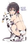  1girl akebono_(kantai_collection) animal_ears animal_print artist_name bell bikini commentary_request cow_ears cow_horns cow_print cow_tail dated ear_tag elbow_gloves fake_animal_ears fake_horns flower from_behind full_body gloves grey_eyes grey_hair hair_bell hair_flower hair_ornament horns kantai_collection long_hair odawara_hakone side-tie_bikini side_ponytail simple_background solo squatting swimsuit tail thighhighs very_long_hair white_background white_bikini white_gloves white_legwear 
