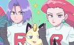  1boy 1girl bangs blue_eyes closed_mouth commentary_request earrings fang gen_1_pokemon gi_xxy gloves green_eyes hair_between_eyes hand_up james_(pokemon) jessie_(pokemon) jewelry lipstick long_hair makeup meowth outline pokemon pokemon_(anime) pokemon_(creature) purple_hair red_lips team_rocket team_rocket_uniform thumbs_up turtleneck 