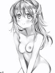  1girl arms_between_legs breasts character_request collarbone copyright_request hair_between_eyes highres long_hair looking_at_viewer monochrome nanashi_(nlo) navel nipples simple_background small_breasts smile solo translation_request white_background 