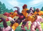  2020 amber_eyes anthro badger baiyushou ball biceps black_body black_fur black_scales blue_eyes bottomwear bovid bovine brown_body brown_fur bulge butt canid canine canis cattle claws clenched_teeth clothed clothing dinosaur domestic_dog fangs felid fence finger_claws football_(ball) football_jersey footwear fox fur grass green_eyes group hair hi_res horn jersey lion male male/male mammal multicolored_body multicolored_fur muscular muscular_anthro muscular_male mustelid musteline on_ground open_mouth outside pantherine partially_clothed pecs plant pulling_pants_down quads red_body red_fur red_hair red_scales reptile running scales scalie sharp_teeth shoes shorts shorts_down sky sport tagg teeth theropod toe_claws tongue tree triceps two_tone_body two_tone_fur tyrannosaurid tyrannosaurus tyrannosaurus_rex white_body white_fur white_hair yellow_sclera 