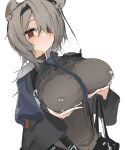  1girl absinthe_(arknights) animal_ears arknights bear_ears black_neckwear blush breast_hold breasts closed_mouth covered_nipples cowboy_shot grey_hair grey_shirt hair_between_eyes hairband highres lactation lactation_through_clothes large_breasts long_sleeves looking_at_viewer mikojin necktie red_eyes shirt short_hair simple_background solo strap sweatdrop white_background 