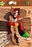  absurd_res anthro bed_sheet bedding book canid canine chiropteran clothing cuddling duo eyewear felid fox glasses headphones hi_res hybrid lion male male/male mammal pantherine phone plant sleeping snoring underwear vicjohansen viola_bat viola_bat_(character) warm_colors 