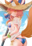  1girl animal_ears artist_name ass bangs beach_umbrella bikini blue_sky bracelet brown_headwear butt_crack closed_mouth cloud cloudy_sky day ears_through_headwear fate/grand_order fate_(series) fox_ears fox_tail from_behind gradient_hair hair_over_one_eye hat highres holding jewelry long_hair looking_at_viewer looking_back multicolored_hair orange_hair outside_border pink_hair see-through sheepd shirt short_sleeves side-tie_bikini signature sky smile solo standing straw_hat sun_hat swimsuit t-shirt tail tamamo_(fate)_(all) tamamo_no_mae_(swimsuit_lancer)_(fate) umbrella wet wet_clothes wet_shirt white_shirt yellow_eyes 