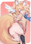  1girl animal_ear_fluff animal_ears ass bangs blonde_hair bow eyebrows_visible_through_hair fluffy fox_ears fox_girl fox_shadow_puppet fox_tail hair_between_eyes hair_ornament highres large_ears large_tail long_hair long_sleeves looking_at_viewer open_mouth plushmallow_(elin) purple_eyes ribbon simple_background skirt smile solo tail tera_online teranekosu thighhighs thighs 