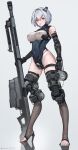  1girl absurdres anti-materiel_rifle blue_eyes blue_leotard blue_nails breasts commentary covered_nipples crotch_plate cuffs cyborg digitigrade english_commentary eyeball full_body groin gun headgear high_heels highleg highleg_leotard highres holding holding_gun holding_weapon huge_weapon joints large_breasts leotard long_legs mechanical_arms mechanical_legs original planted_weapon rifle robot_joints see-through shackles sheer_legwear short_hair silver_hair sniper_rifle solo taut_leotard thigh_strap toeless_legwear toenail_polish toenails toes twitter_username two-tone_leotard uncensored weapon westking white_leotard 