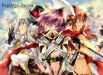  3girls animal_ears armor assassin_cross_(ragnarok_online) axe bangs bat_wings belt_buckle bikini bikini_top black_cape black_gloves black_headwear black_shirt blue_eyes blue_shorts blue_sky breasts brown_capelet brown_dress brown_gloves brown_hair buckle cape capelet cat_ears cattail chinese_commentary cleavage closed_mouth cloud commentary_request copyright_name crossed_arms crossed_swords dagger dated dress dual_wielding elbow_gloves eyebrows_visible_through_hair fingerless_gloves flower fur-trimmed_capelet fur-trimmed_gloves fur_trim gauntlets gloves grin hair_between_eyes hand_up hat hat_flower head_wings high_wizard_(ragnarok_online) highres holding holding_axe holding_dagger holding_weapon in_mouth large_breasts long_hair looking_at_viewer looking_to_the_side medium_breasts midriff mixed-language_commentary moonbreak multiple_girls navel open_clothes open_shirt pauldrons plant pointy_ears purple_eyes purple_hair ragnarok_online red_flower red_scarf revealing_clothes scarf shirt short_dress short_hair short_shorts shorts shoulder_armor silver_hair sky smile star_(symbol) strapless strapless_dress swimsuit teeth top_hat torn_scarf two-tone_dress upper_body waist_cape weapon white_bikini white_dress whitesmith_(ragnarok_online) wings yellow_eyes 