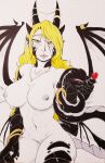  &lt;3 absurd_res animal_humanoid bangle big_breasts black_body black_scales blonde_hair breasts demon demon_humanoid dragon dragon_humanoid fangs female gold_(metal) gold_jewelry hair hi_res horn_ornament humanoid jewelry miraaj_(crabble) multi_wing nipples pale_skin scales simple_background solo spade_tail traditional_media_(artwork) william_windham wings yellow_eyes 