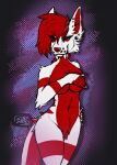  2021 animal_humanoid anthro biped breast_squish breasts canid canine canis ear_piercing fangs female fur gauged_ear genitals hair hand_on_breast hand_on_hip hi_res horn humanoid industrial_piercing looking_at_viewer mammal mammal_humanoid no_shading nude piercing pussy red_body red_eyes red_fur simple_background smile solo solo_focus squish standing superfrodo white_body white_fur wolf 