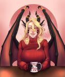  animal_humanoid black_sclera blonde_hair blush clothed clothing demon demon_humanoid dragon dragon_humanoid fangs female gold_(metal) gold_jewelry hair hi_res horn_ornament humanoid humanoid_pointy_ears jewelry long_hair looking_at_viewer miraaj_(crabble) pupils slit_pupils smile solo sweater topwear vectober wings yellow_eyes 