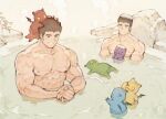 2boys ^_^ bara black_hair blush brown_hair chataro1412 closed_eyes completely_nude couple creature glasses male_focus master_3_(tokyo_houkago_summoners) multiple_boys muscular muscular_male nipples nude onsen partially_submerged pectorals rimless_eyewear rock shiro_(tokyo_houkago_summoners) short_hair smile splashing thick_eyebrows tokyo_houkago_summoners towel towel_on_head water yaoi 
