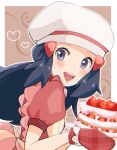  1girl :d apron black_hair blush cake commentary_request dawn_(pokemon) dress eyelashes food grey_eyes hair_ornament hairclip hat heart highres holding holding_cake holding_food looking_at_viewer nakikot_t open_mouth outline oven_mitts pokemon pokemon_(game) pokemon_masters_ex red_mittens short_sleeves smile solo teeth tongue white_headwear 