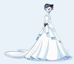  absurd_res accessory ambiguous_gender clothed clothing crossdressing crown dress hair hair_accessory helluva_boss hi_res male mayserena red_sclera simple_background smile standing stolas_(vivzmind) tiara wedding_dress white_background 
