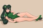  1girl alternate_hairstyle asui_tsuyu bare_legs black_eyes blush boku_no_hero_academia bow_by_hair breasts china_dress chinese_clothes commission double_bun dress finger_to_cheek fingernails flats frog_girl frog_hair_ornament full_body green_dress green_footwear green_hair hair_ornament long_hair long_legs low-tied_long_hair lying medium_breasts nose_blush on_back pelvic_curtain short_dress side_slit solo squeezable_(artist) thighs tongue tongue_out twintails 