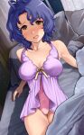  1girl :o absurdres antenna_hair arm_support bangs bare_shoulders bed bed_sheet blanket blue_hair blush bow breasts brown_eyes cleavage collarbone curtains hanamasa_ono highres idolmaster idolmaster_million_live! indoors large_breasts leotard lingerie looking_at_viewer navel_piercing negligee on_bed open_mouth piercing pillow pink_leotard short_hair sleeveless solo sweat thighs toyokawa_fuuka underwear window yellow_bow 