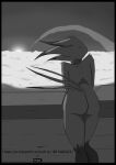  absurd_res anthro avian big_butt biped bird black_border border butt cloud feathers female hi_res mariel_(tch) monochrome nude outside pirate plaga rear_view sky solo standing sun tail_feathers 