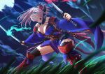  1girl absurdres blue_eyes breasts cleavage dual_wielding earrings fate/grand_order fate_(series) full_moon grass grin highres holding huge_filesize jewelry katana mitsuria_(kanesho1102) miyamoto_musashi_(fate) moon night pink_hair smile sword thighhighs weapon wide_sleeves wind 