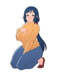  1girl absurdres aqua_eyes between_legs blue_eyes blue_hair blush breasts denim eyebrows gundam gundam_build_fighters hand_between_legs hand_on_own_chest highres iori_rinko jeans kneeling large_breasts long_hair mature naughty_face pants ponytail ribbed_sweater rizdraws sweater thighs turtleneck turtleneck_sweater white_background yellow_sweater 
