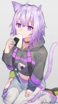  1girl absurdres ahoge animal_ears cat_ears cat_tail eating food highres hololive hood hoodie midriff nekomata_okayu onigiri pants purple_eyes purple_hair sho_bu_1116 sitting tail twitter_username virtual_youtuber wariza 