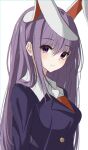  1girl animal_ears blue_border blue_jacket border breasts bunny_ears commentary dress_shirt expressionless eyebrows_visible_through_hair from_side hair_between_eyes jacket kure:kuroha large_breasts long_hair looking_at_viewer necktie parted_lips purple_eyes purple_hair red_neckwear reisen_udongein_inaba shirt simple_background solo standing suit_jacket touhou upper_body very_long_hair white_background white_shirt 
