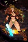  1girl adapted_costume alex_ahad armor bikini_armor blonde_hair breasts cleavage energy_sword gauntlets highres metroid mole mole_under_mouth monster navel ponytail ridley samus_aran shield shoulder_armor solo_focus standing stomach sword toned weapon 
