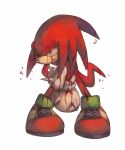  1boy animal_nose blood bluekomadori clenched_teeth commentary full_body furry gloves injury knuckles_the_echidna male_focus one_eye_closed simple_background solo sonic_the_hedgehog standing teeth white_background white_gloves 