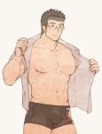  1boy abs alternate_costume bara bare_pecs black_hair black_male_underwear blush boxer_briefs brown_hair bulge chataro1412 cowboy_shot glasses looking_to_the_side male_focus male_underwear muscular muscular_male navel nipples open_clothes open_shirt pectorals rimless_eyewear shiro_(tokyo_houkago_summoners) shirt short_hair solo stomach sweat thick_eyebrows thick_thighs thighs tokyo_houkago_summoners underwear undressing white_shirt 