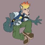  1:1 2021 anthro beastars bottomwear canid canine canis clock clothed clothing cosplay crossover crossover_cosplay footwear full-length_portrait fully_clothed fur green_bottomwear green_clothing green_pants grey_body grey_fur hi_res johnny_test johnny_test_(series) legoshi_(beastars) looking_aside male mammal melvu_drago necktie pants portrait shoes smile solo watch wolf wristwatch 