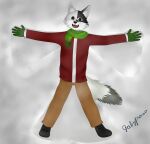  absurd_res anthro canid canine canis gabyfrosouwu hi_res humanoid johanwolf male mammal scarf simple_background simple_coloring simple_drawing smile snow snow_jackets solo wolf 